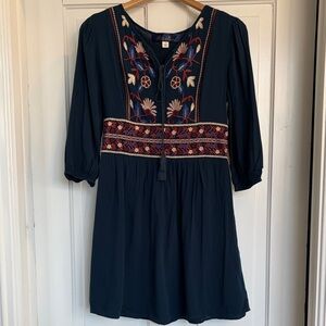 Blue Rain Navy / Teal Dress with Floral Embroidery Size Small